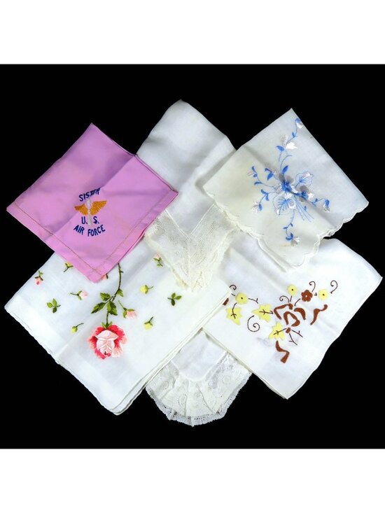 Unbranded Accessories - Vintage Hankies (Lot of 6) 1930s-50s Embroidered & Lace, incl. USAF Sister